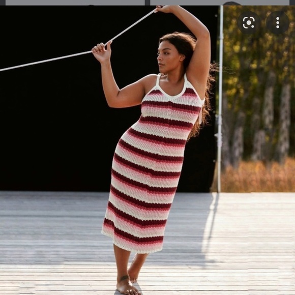 NWT ZARA Cream Pink Striped Crochet Bodycon Midi Dress Small Blogger Favorite - Picture 2 of 12